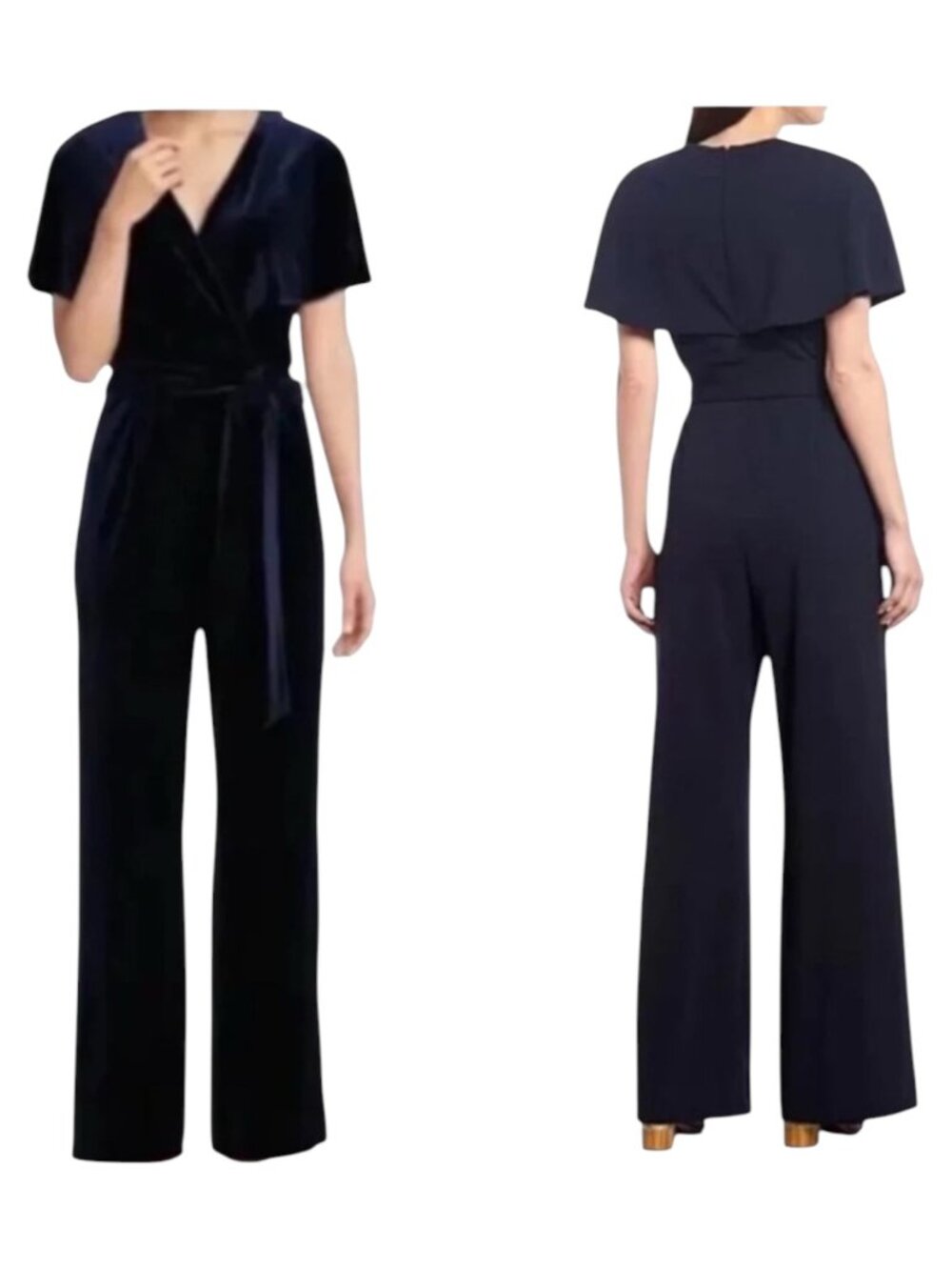 Alex Marie Jumpsuit Women 18 Navy Blue Velvet Cape Sleeves‎ Belted Wide Leg Beth